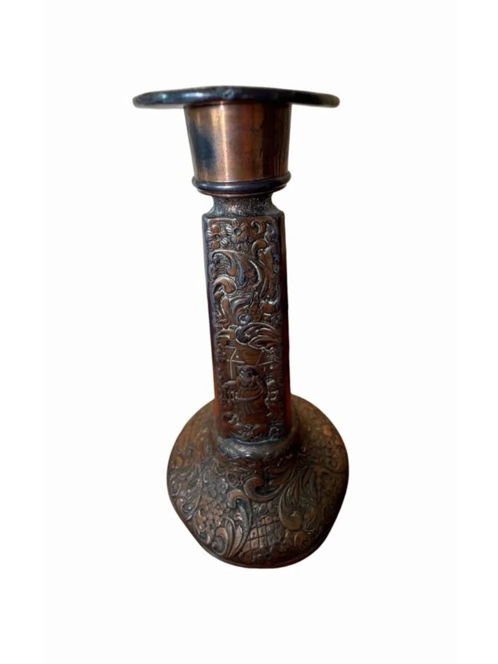 Lot 3 Copper Hammered Repousse Farmhouse Country Cottage Lodge Candlesticks